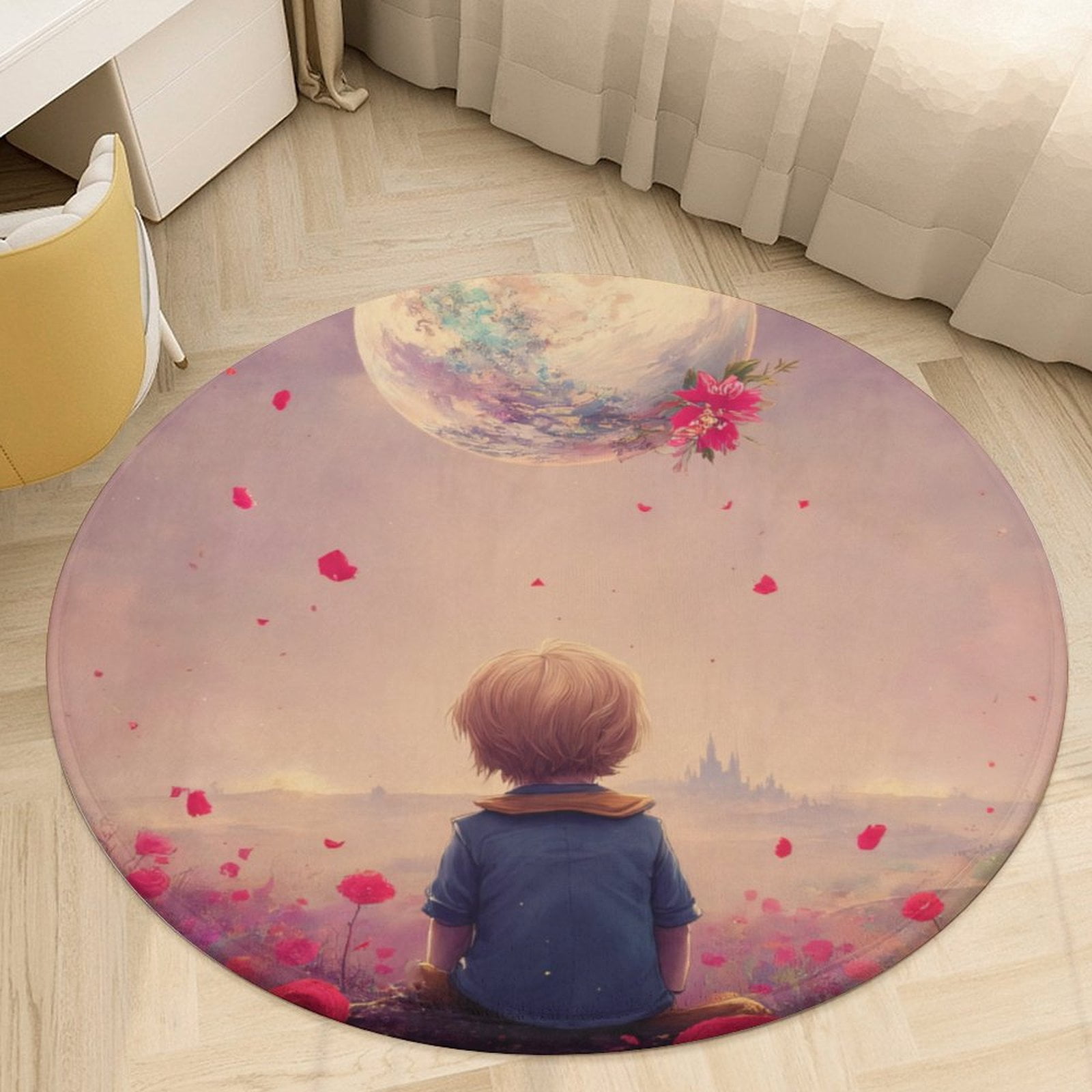 Boy in Poppy Field Under Full Moon Round Area Rugs for Bedroom Living ...
