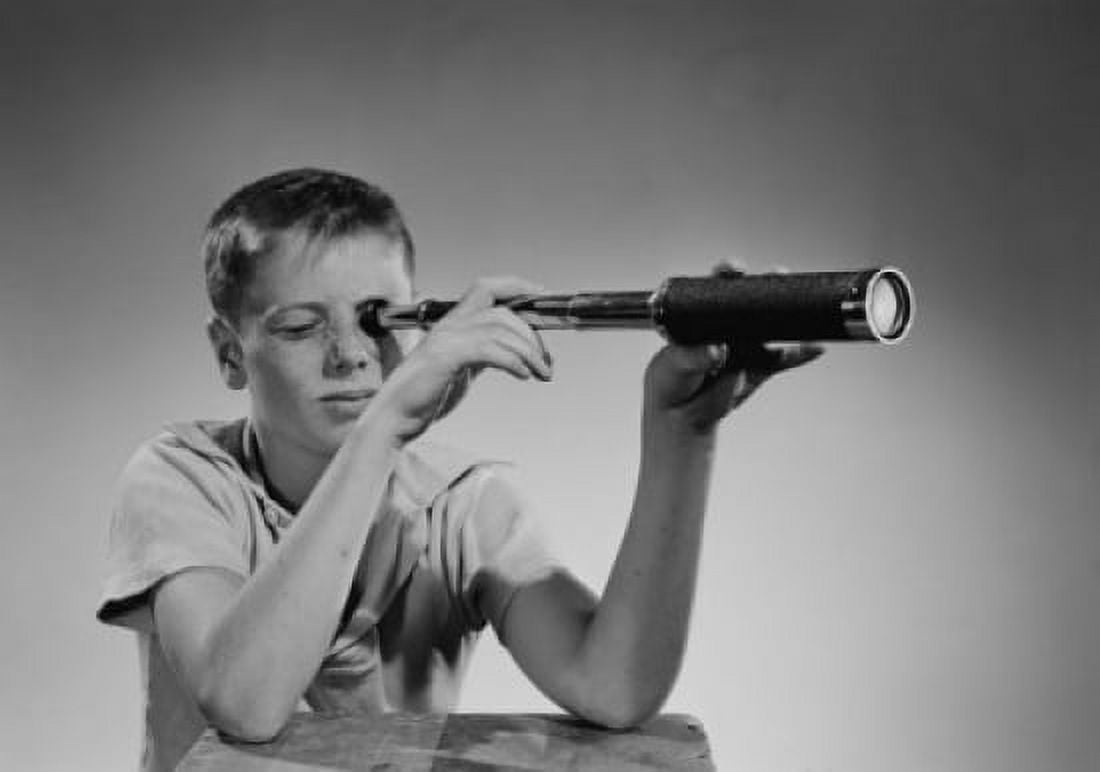 Boy looking through telescope Canvas Art - (18 x 24)