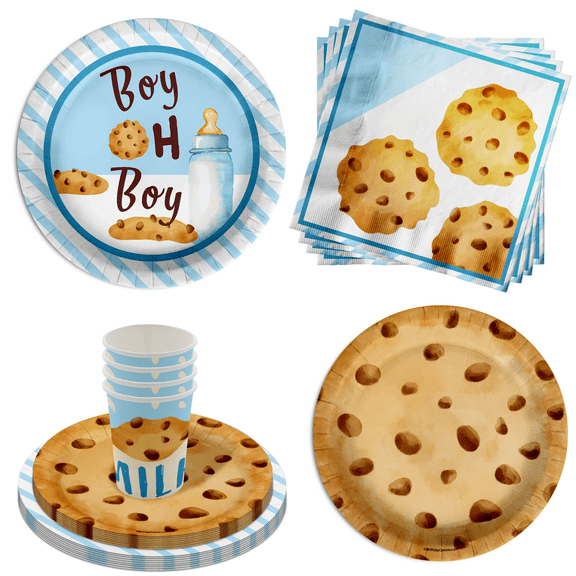 Boy oh Boy Cookies Baby Shower Party Supplies - 64 Piece Baby Shower Tableware Set Includes Large 9" Dinner Plates and 8" Dessert Paper Plates Napkins Cups - Kit for 16