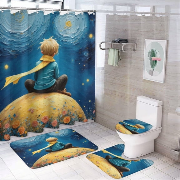 Boy on A Flower-covered Planet Shower Curtain Bathroom Sets Toilet Lid Rug, Bath Mat And Contour Mat, Shower Curtain 4Pcs