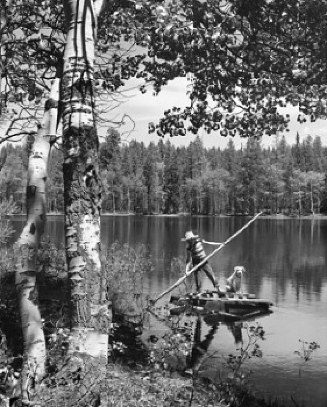 Boy on a wooden raft with his dog Canvas Art - (24 x 36)