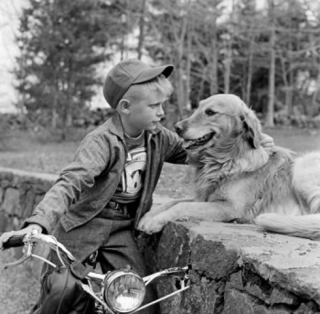 Boy on bike stroking dog Canvas Art - (24 x 36)
