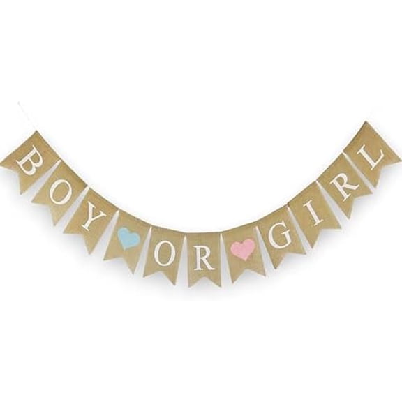 Boy or Girl Burlap Banner 8.7ft Rustic Banner with Light Pink & Blue Hearts Perfect for Gender Reveal & Baby Shower Decor