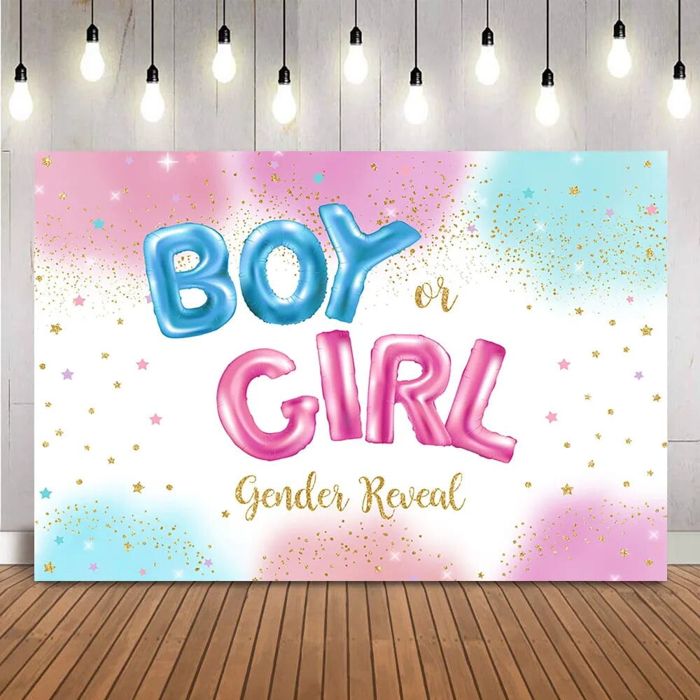 Boy or Girl Gender Reveal Backdrop Colorful Clouds Baby Shower Photo
