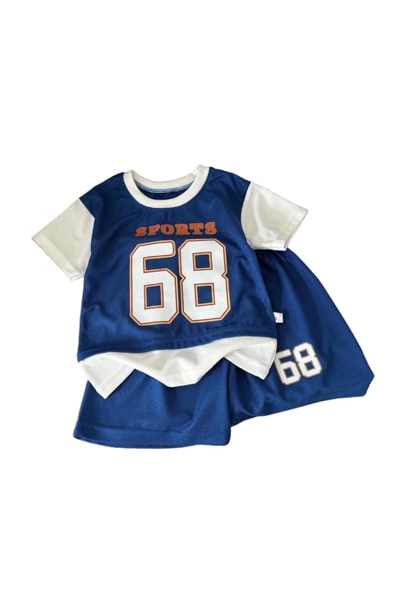 Boy's 2 Piece Outfits Color Block Camo Print Short Sleeve T Shirt and Shorts Set Blue 1-2 Years