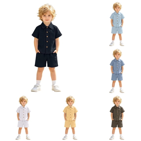 Boy’s 2 Piece Outfits Solid Color Button Down Shirts and Shorts Sets Summer Outfits Size 18-24 Months