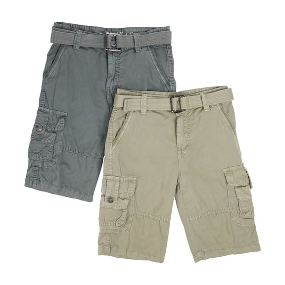 Boy's 2Pc Combo Belted Twill Cargo Shorts, Grey/Leaf Green, 18