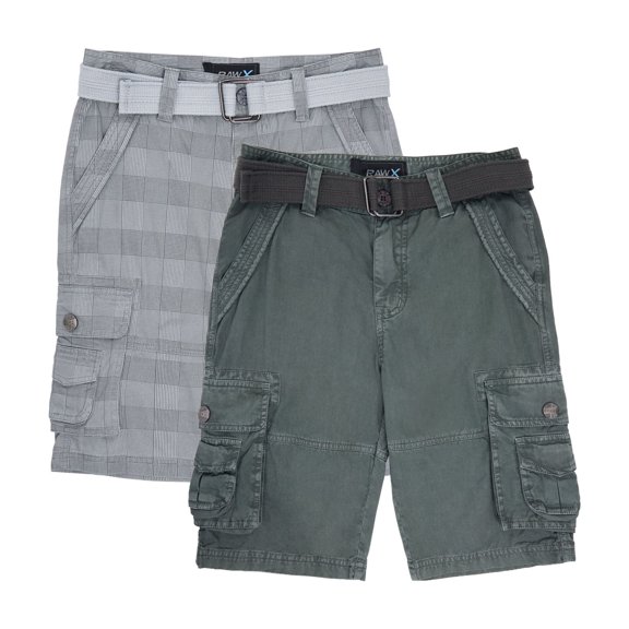 Boy's 2Pc Combo Belted Twill Cargo Shorts, Grey Plaid/Grey, 18