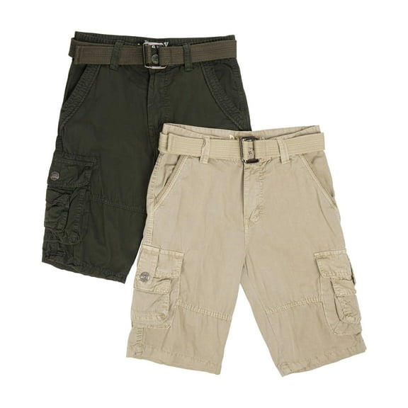 Boy's 2Pc Combo Belted Twill Cargo Shorts, Olive/Stone, 14