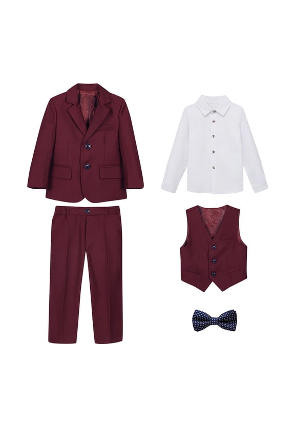Boy's 5-Piece Formal Suit Set – Includes Suit Jacket, Comfort Waist Dress Pants, Vest, Dress Shirt & Bow Tie for Wedding Party