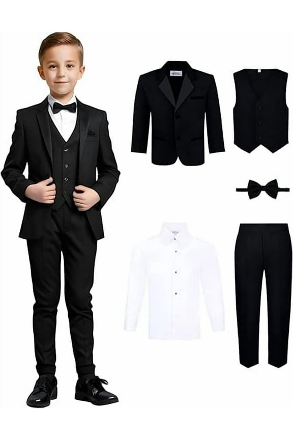 S.H. Churchill & Co Boys' 5-Piece Tuxedo Set Includes Premium Formal Jacket, Pants, Shirt, Vest , and Bow Tie