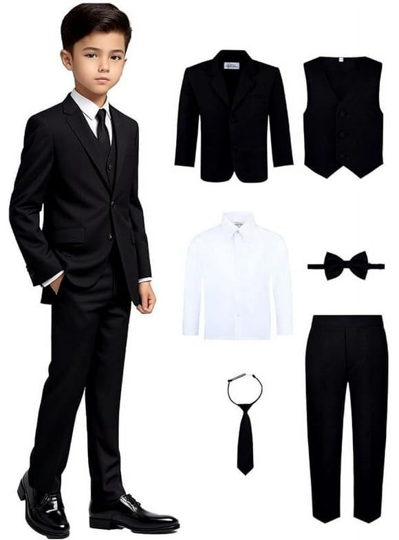 Boy's 6-Piece Suit Set - Includes Suit Jacket, Dress Pants, Matching Vest, White Dress Shirt, Neck Tie & Bow Tie - Black 14
