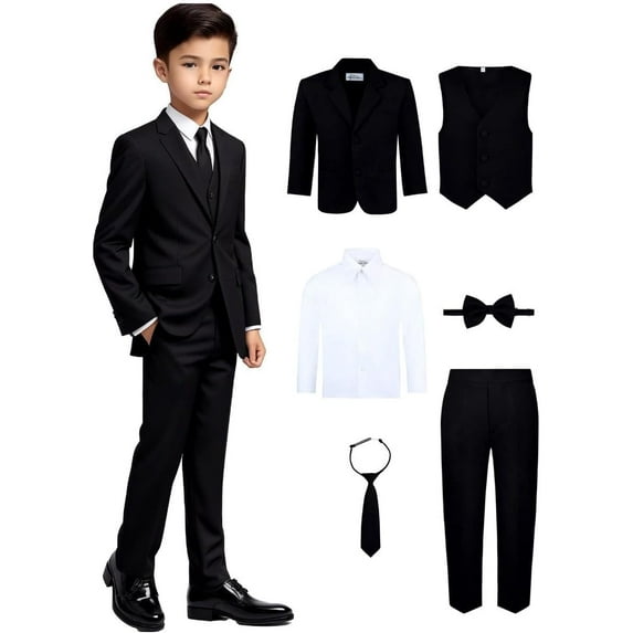 S.H. Churchill & Co 6-Piece Boy's Suit Set - Includes Suit Jacket, Dress Pants, Matching Vest, White Dress Shirt, Neck Tie & Bow Tie - Black, 4T
