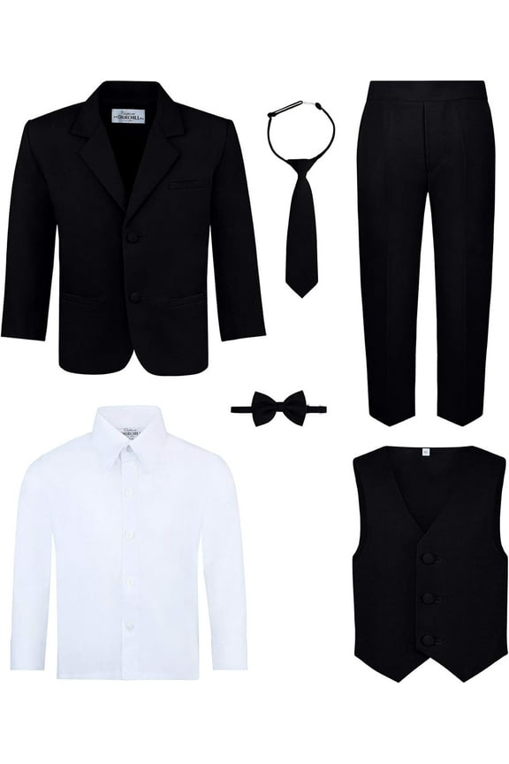S.H. Churchill & Co 6-Piece Boy's Suit Set - Includes Suit Jacket, Dress Pants, Matching Vest, White Dress Shirt, Neck Tie & Bow Tie - Black,6