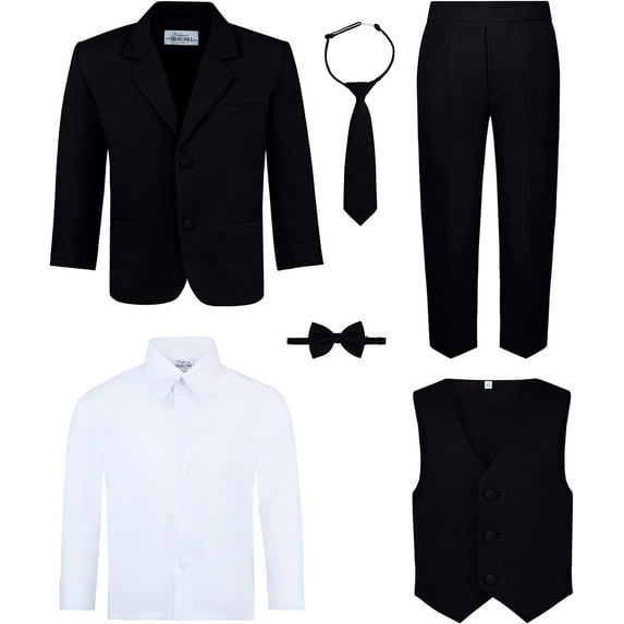 S.H. Churchill & Co 6-Piece Boy's Suit Set - Includes Suit Jacket, Dress Pants, Matching Vest, White Dress Shirt, Neck Tie & Bow Tie - Black, 7