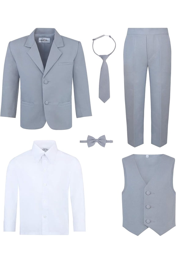 S.H. Churchill & Co 6-Piece Boy's Suit Set - Includes Suit Jacket, Dress Pants, Matching Vest, White Dress Shirt, Neck Tie & Bow Tie - Grey,10