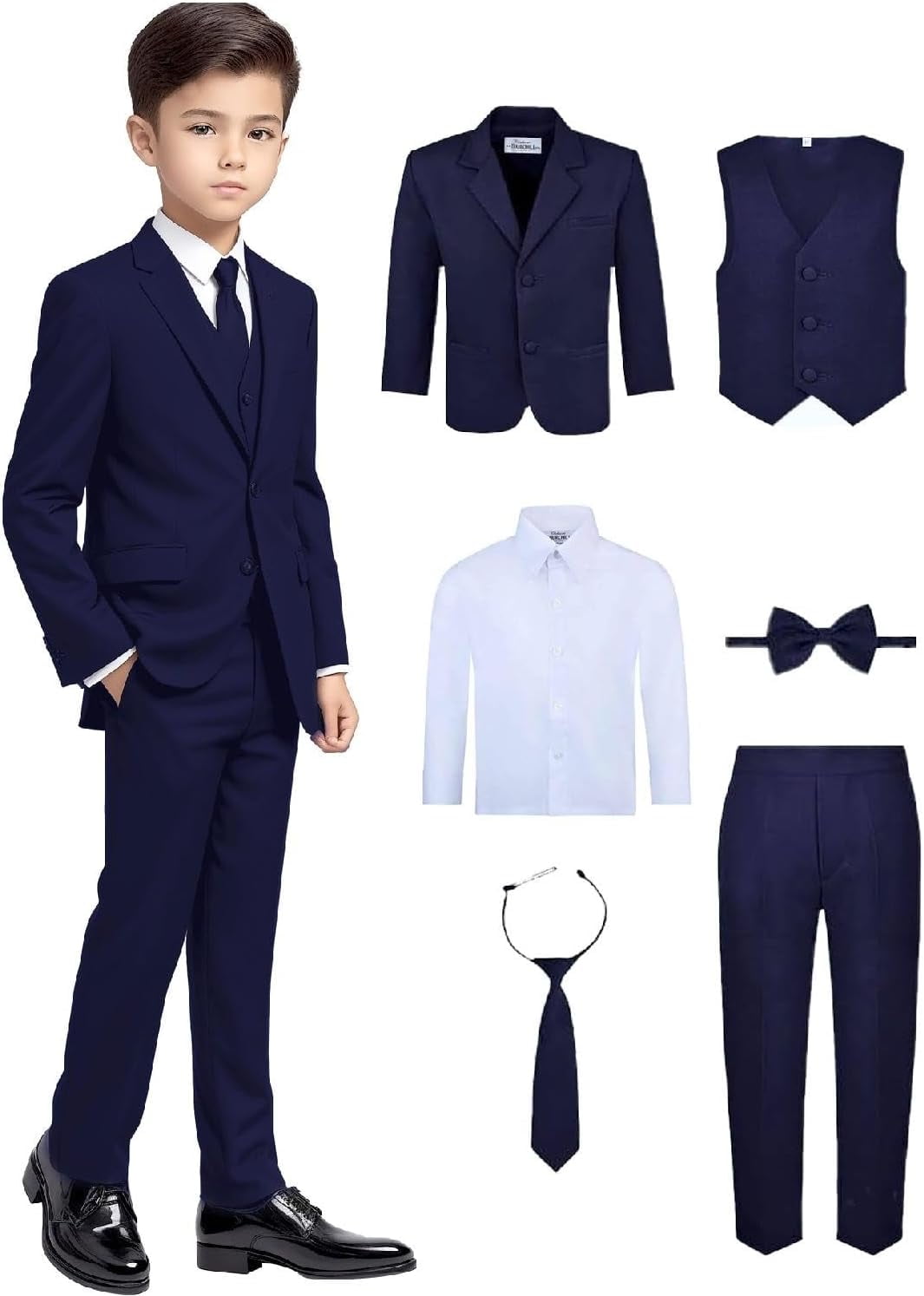Boy s 6 Piece Suit Set Includes Suit Jacket Dress Pants Matching Vest White Dress Shirt Neck Tie Bow Tie Navy 4T Walmart