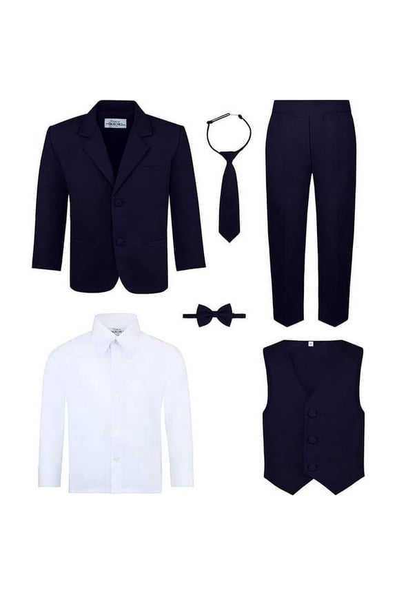 Boy's 6-Piece Suit Set - Includes Suit Jacket, Dress Pants, Matching Vest, White Dress Shirt, Neck Tie & Bow Tie