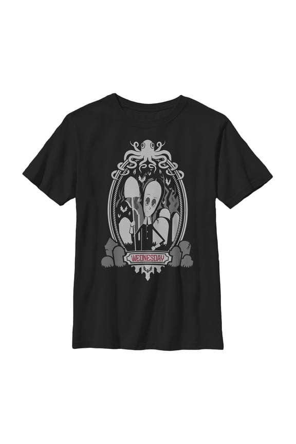 Boy's Addams Family Wednesday Octopus Portrait Graphic Tee Black Large