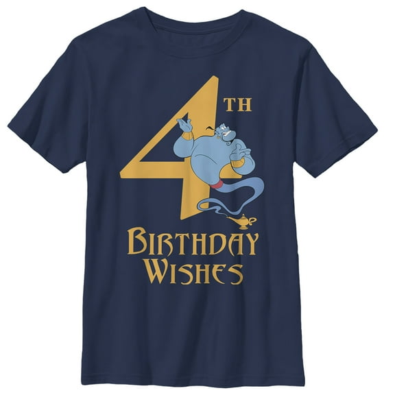 Boy's Aladdin Genie 4th Birthday Wishes Graphic Tee Navy Blue Medium