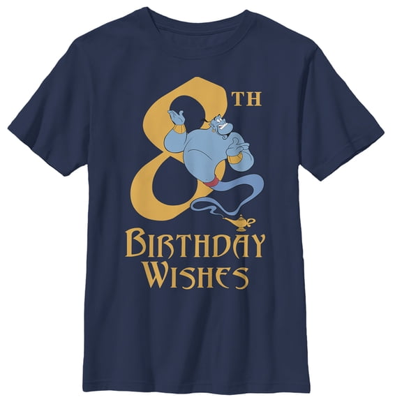 Boy's Aladdin Genie 8th Birthday Wishes  Graphic Tee Navy Blue Large