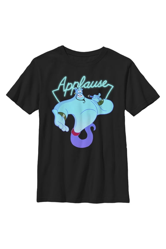 Boy's Aladdin Genie Applause Sign Graphic Crop T-Shirt Black Large