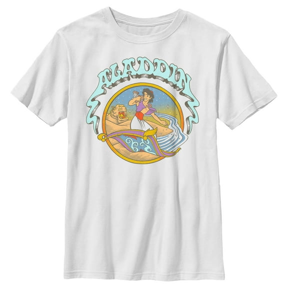 Boy's Aladdin Retro Carpet Surfing  Graphic Tee White Small