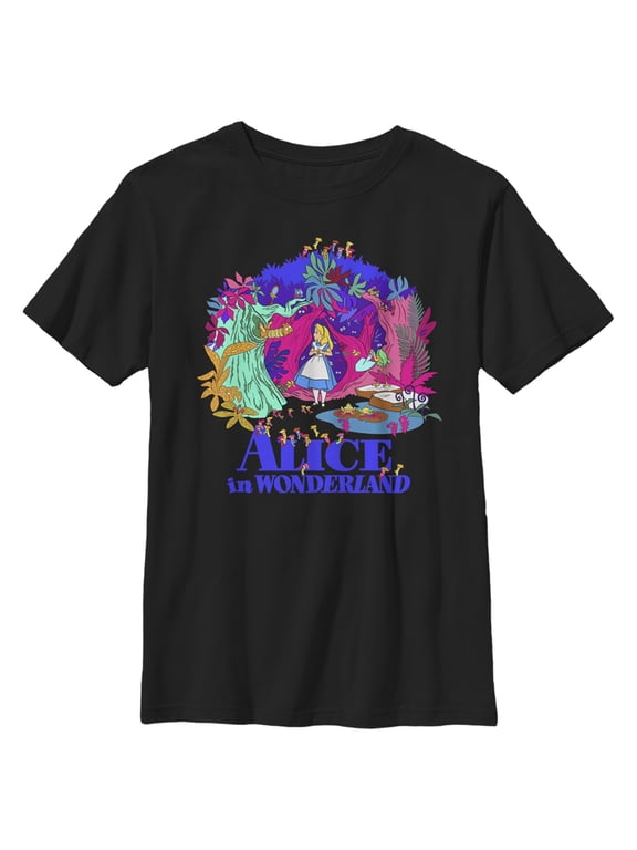 Boy's Alice in Wonderland Alice In Colorful Scary Forest Graphic Tee Black X Large