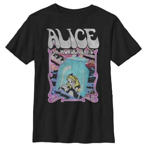 Boy's Alice in Wonderland Alice Lost Stuck In A Bottle  Graphic Tee Black X Small