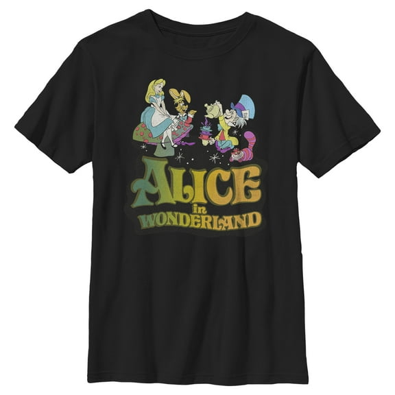 Boy's Alice in Wonderland Alice and Mad Hatter Party  Graphic Tee Black Medium