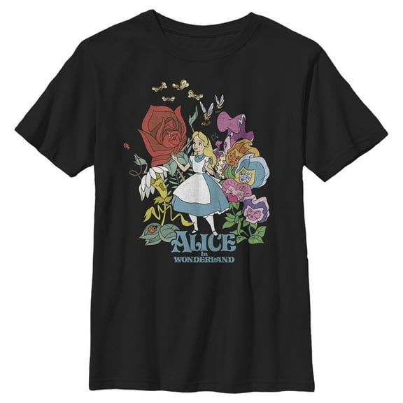 Boy's Alice in Wonderland Alice and The Talking Flowers Graphic Tee Black Large