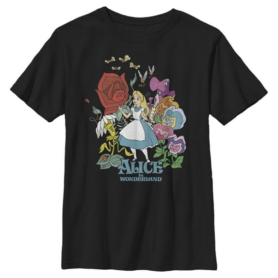 Boy's Alice in Wonderland Alice and The Talking Flowers Graphic Tee Black X Small