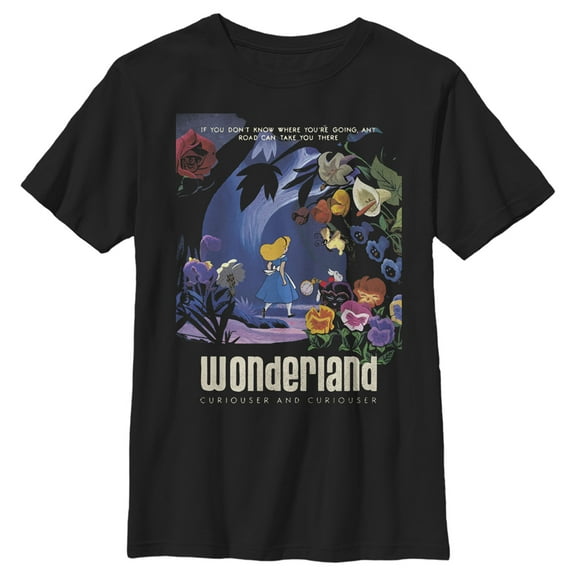 Boy's Alice in Wonderland Any Road Will Take You There The White Rabbit  Graphic Tee Black Small