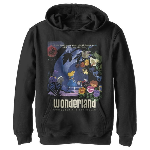 Boy's Alice in Wonderland Any Road Will Take You There The White Rabbit Pull Over Hoodie Black Medium