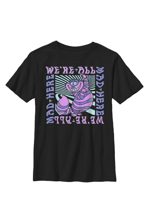 Boy's Alice in Wonderland Cheshire Cat We're All Mad Here Colorful Graphic Tee Black Small