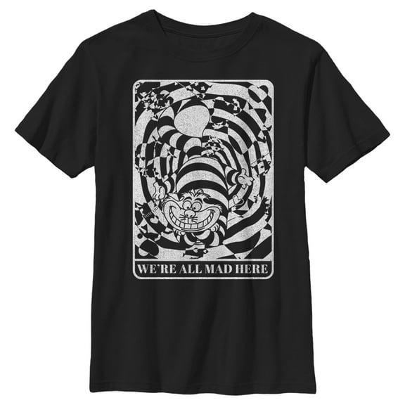 Boy's Alice in Wonderland Cheshire Cat We're All Mad Here Graphic Tee Black Medium