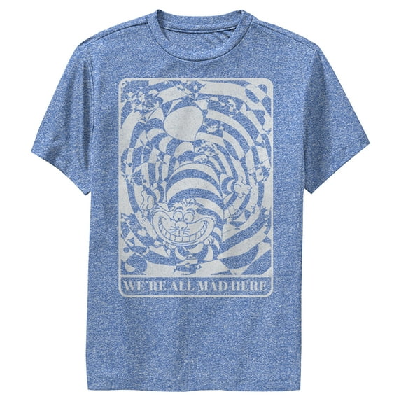 Boy's Alice in Wonderland Cheshire Cat We're All Mad Here Performance Graphic Tee Royal Blue Heather X Large