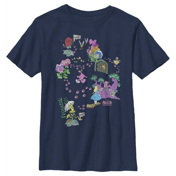 Boy's Alice in Wonderland Cheshire Tracks Graphic Tee Navy Blue Small