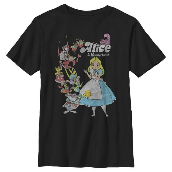 Boy's Alice in Wonderland Distressed Group Shot Graphic Tee Black Medium