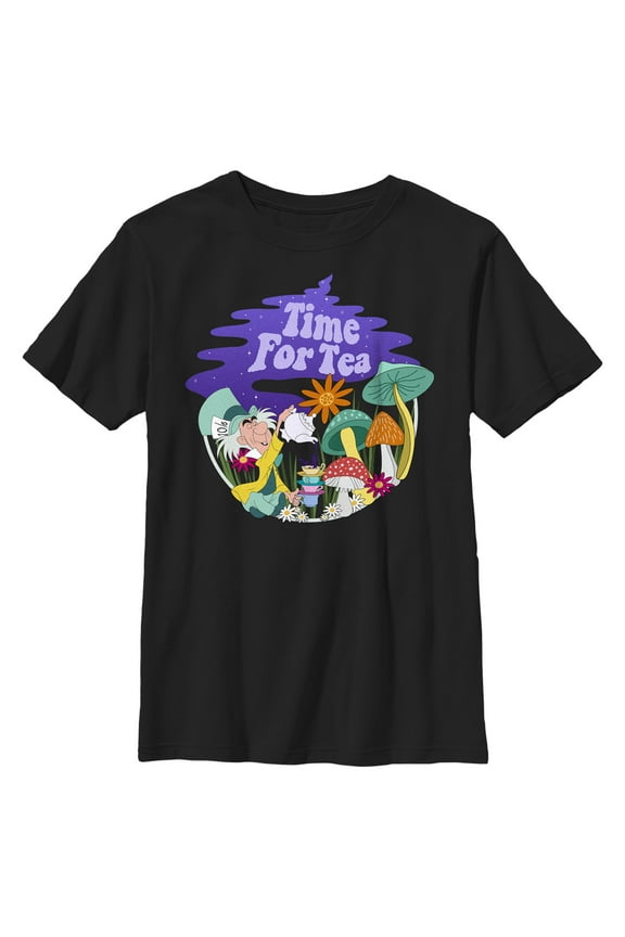 Boy's Alice in Wonderland Mad Hatter Time for Tea Graphic Tee Black Large