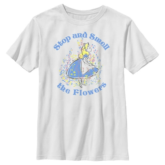 Boy's Alice in Wonderland Stop and Smell the Flowers Graphic Tee White Small