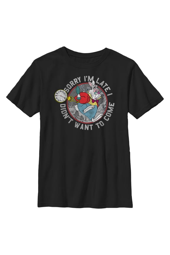 Boy's Alice in Wonderland The White Rabbit Sorry I'm Late Graphic Tee Black Large