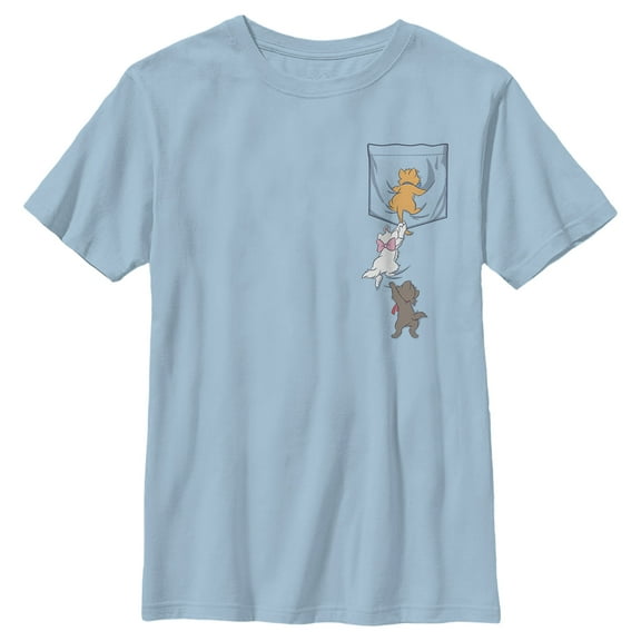 Boy's Aristocats Kittens Climbing Pocket Badge  Graphic Tee Light Blue Medium