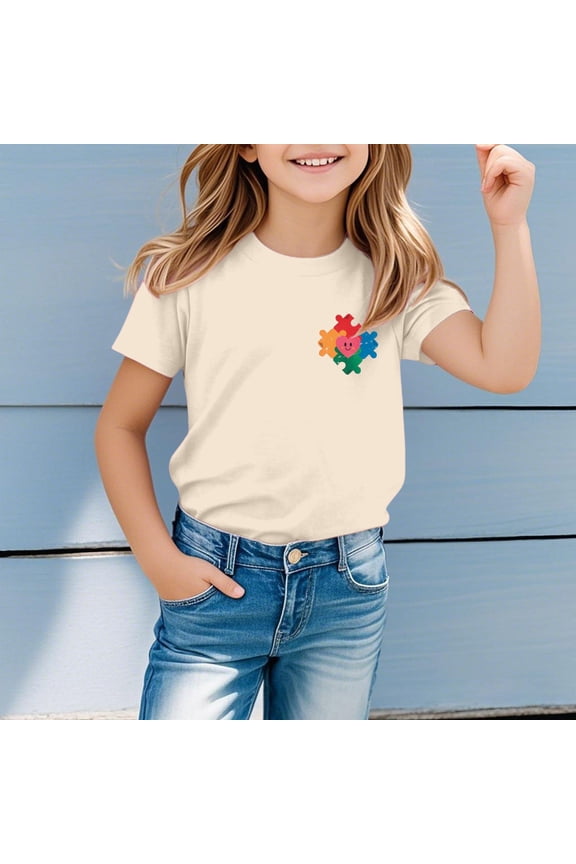 Boy's Autism Awareness Graphic Tops Short Sleeve Crew Neck Beige Summer Breathable Lightweight Trendy Boy's Shirts Size 1-2 Y