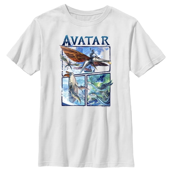 Boy's Avatar: The Way of Water Watercolor Air and Sea Creatures Logo  Graphic Tee White Large
