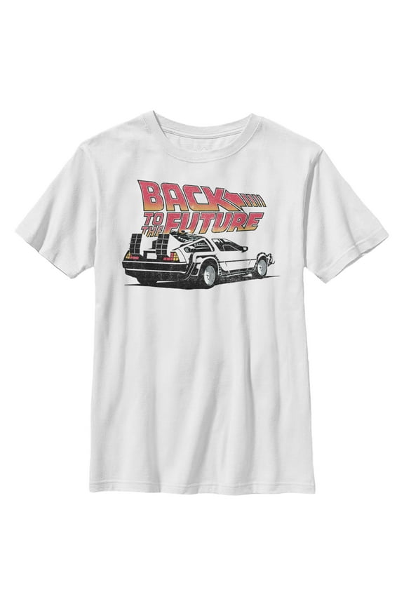 Boy's Back to the Future DeLorean Cartoon Graphic Tee White Large