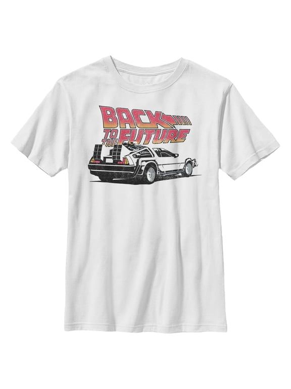 Boy's Back to the Future DeLorean Cartoon Graphic Tee White Medium