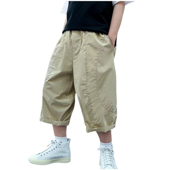 Boy's Baggy Capris Pants, Wide Leg Elastic Shorts Loose Casual Cropped Pants Outdoor Trousers with Pockets Khaki 7Y