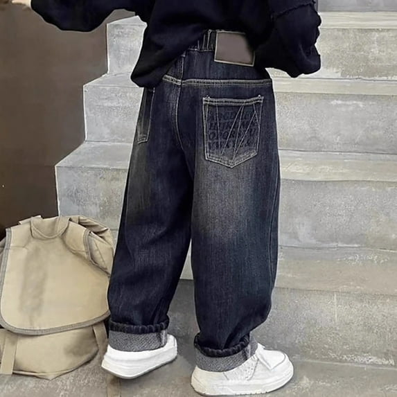 Boy's Baggy Cargo Jeans Elastic Waist Casual Wide Leg Stretch Kids Boys Pull on Denim Pants with Flap Pocket for Kids