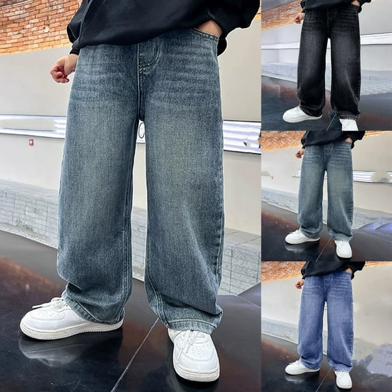 Boys Baggy Jeans Straight Wide Leg Cargo Denim Pants Casual Elastic Waist Loose Jeans Tees Y2K Streetwear with Pockets Black 13 Years-14 Years